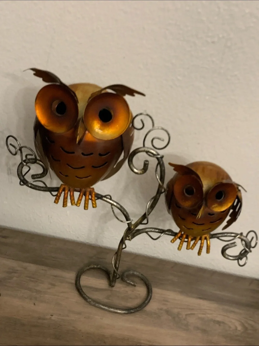 VTG Double Owls Metal Copper Sculpture OnTree Branches